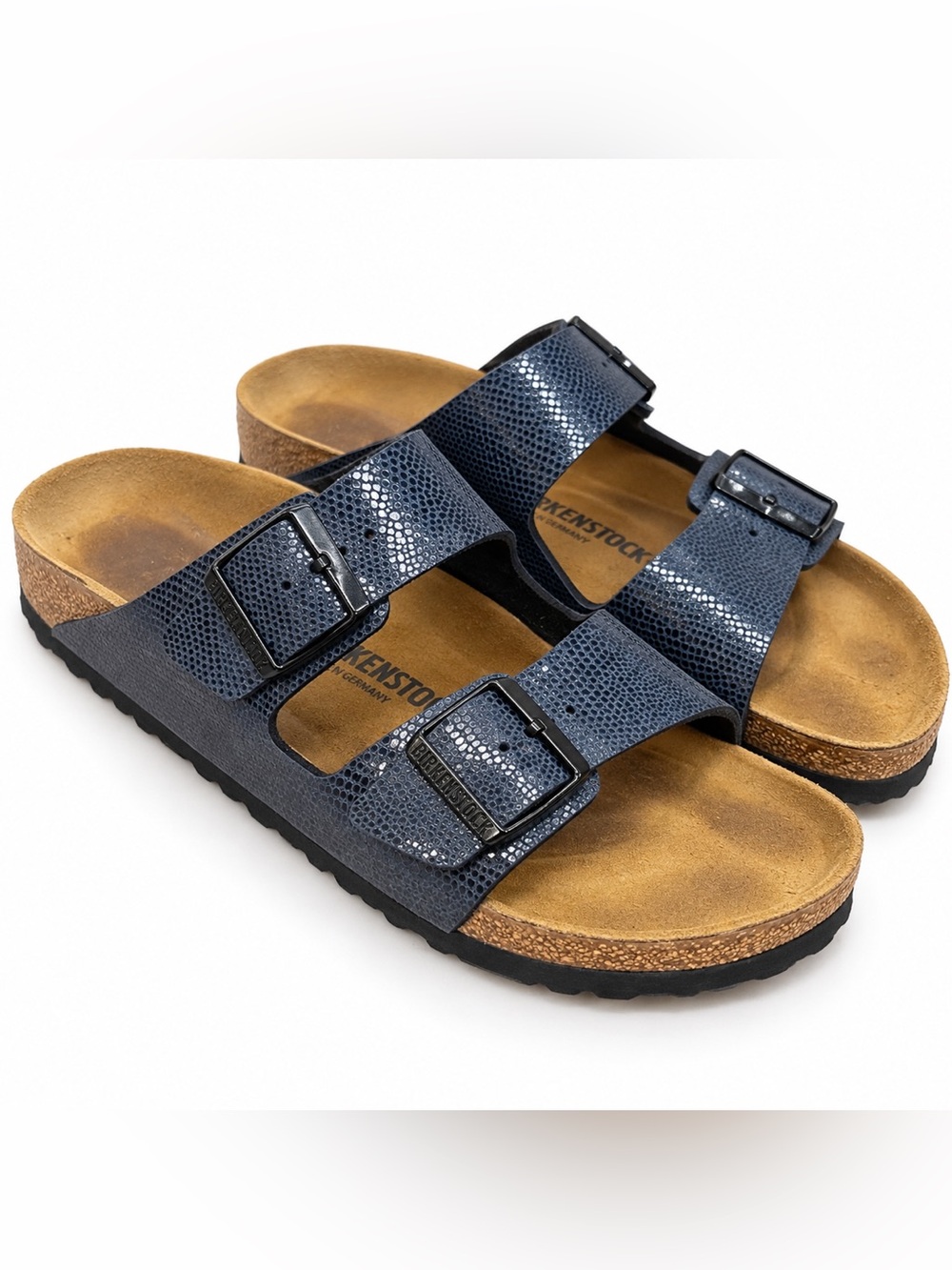 Birkenstock Arizona Blue Shiny Reptile Embossed Sandals Size 41